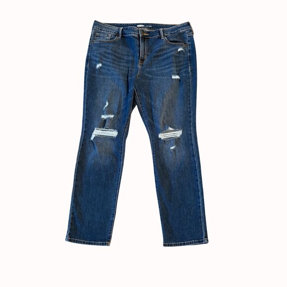 Old Navy Womens Power Straight Distressed Blue Denim Jeans Size 14 Short Ripped - Picture 12 of 15